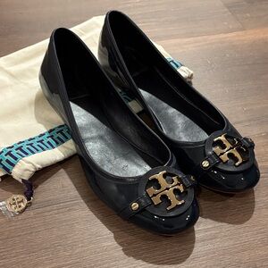 Tory Burch Black Patent Flats with Gold Logo